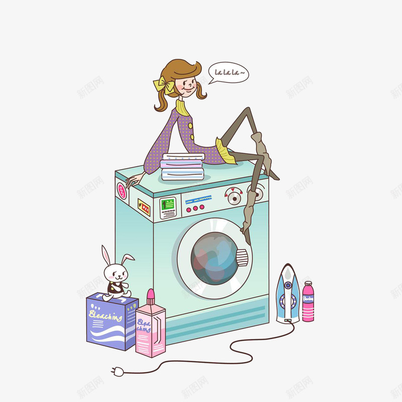 洗衣服的女孩插画psd免抠素材_88icon https://88icon.com 卡通插画 叠好的衣服 洗衣服的女人 洗衣机 洗衣液 熨斗