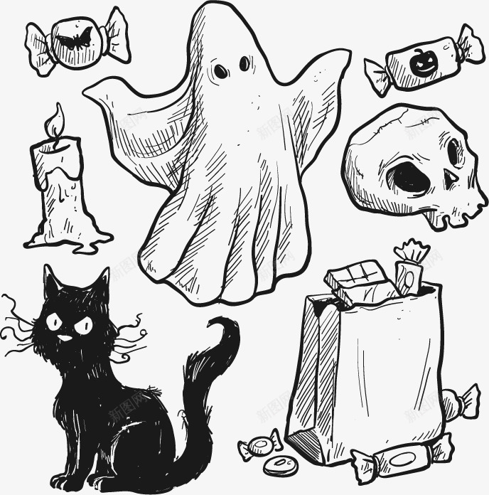 万圣节元素png免抠素材_88icon https://88icon.com 万圣节HALLOWEEN手绘幽灵黑猫糖果