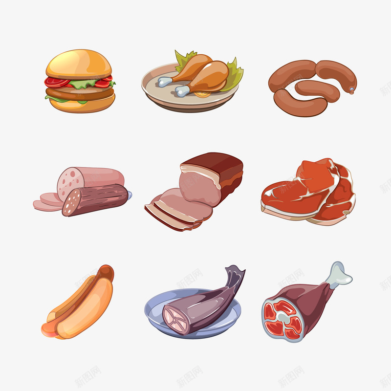 各式肉png免抠素材_88icon https://88icon.com 吊牌 培根 手绘食物 正餐 汉堡 火腿肠 甜品 甜点 甜甜圈 糖果 食物 香肠 鸡腿