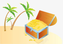 椰子树旁边的金币箱素材