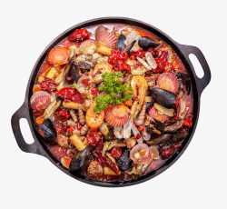 海鲜特色美食黑色锅里的麻辣海鲜高清图片