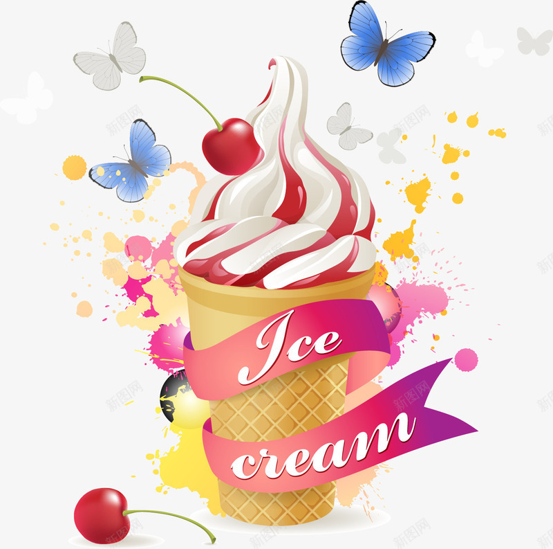 奶油冰淇淋插画矢量图ai免抠素材_88icon https://88icon.com 奶油冰淇淋 插画矢量素材 樱桃 甜食 蝴蝶 矢量图