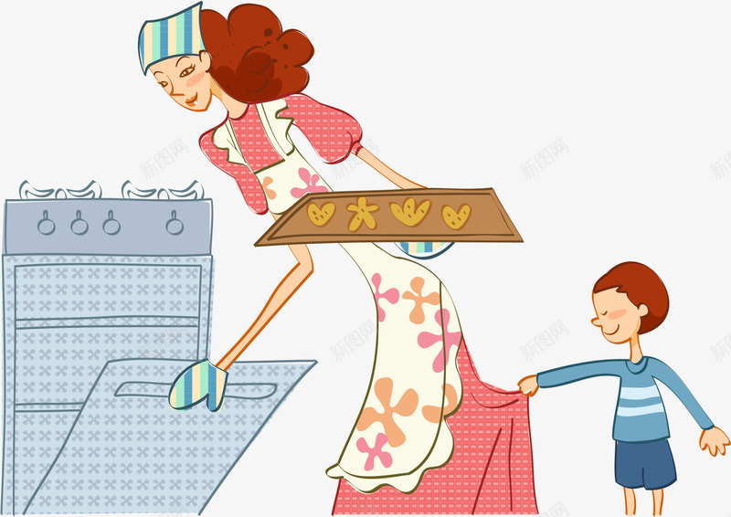 时尚妈妈跟小孩在厨房烤饼矢量图ai免抠素材_88icon https://88icon.com 厨房 可爱 女性 妇女 小孩 烤箱 烹饪 男孩 矢量图