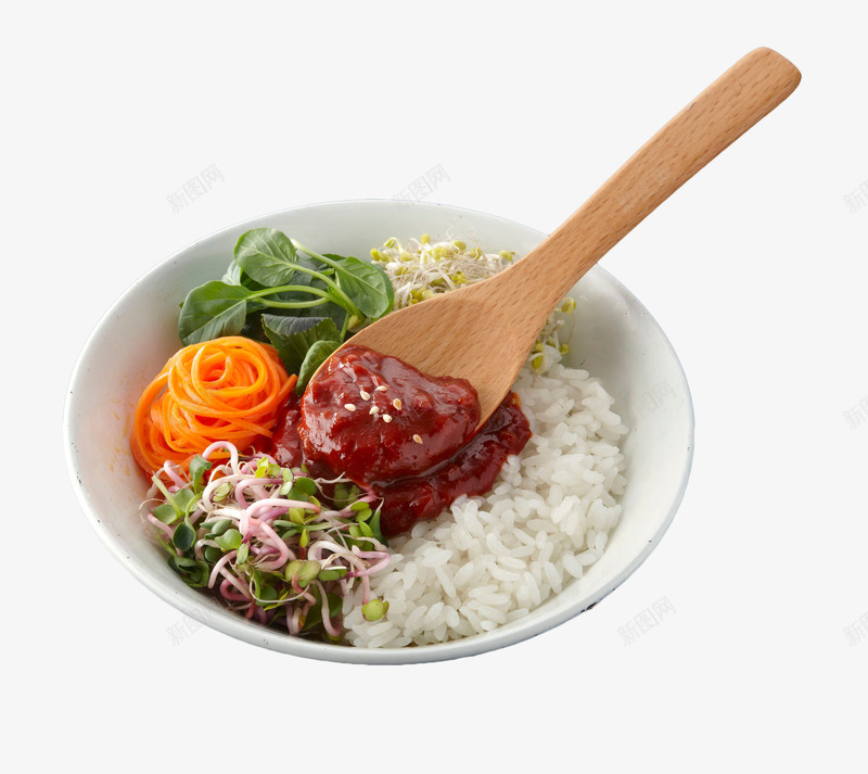 青菜拌饭png免抠素材_88icon https://88icon.com 主食 拌饭 木勺子 瓷碗 米粒 蔬菜 辣椒酱 食物 饭粒