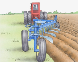 手绘插图机械耕种农田种植素材