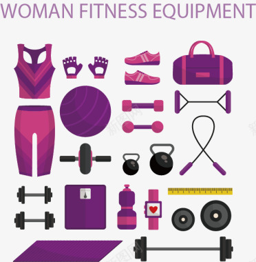 冬季运动装备女性健身装备和健身器材卡通图标矢量图图标