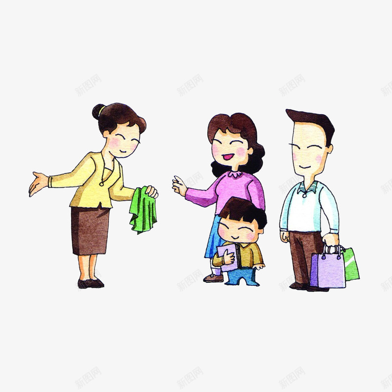 卡通购物买衣服的一家人psd免抠素材_88icon https://88icon.com 手拿衣服 手拿袋子 服装手提袋 服装销售员 购物家庭