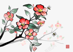 开花的樱桃手绘樱桃树枝高清图片