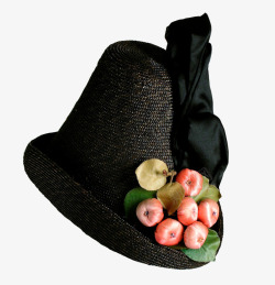女士黑编织帽上的水果实物图素材