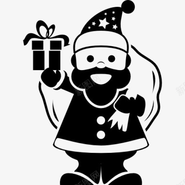 圣诞老人拿着礼品袋在他的背和摇铃图标图标