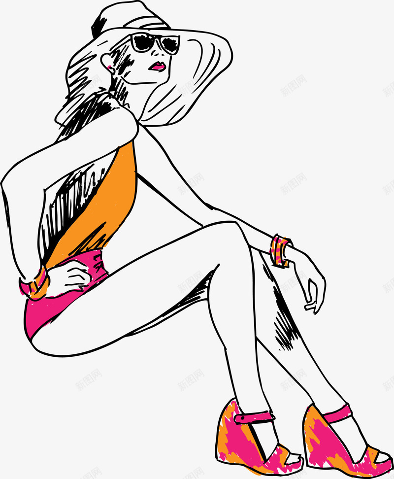 手绘插图时髦女郎侧面png免抠素材_88icon https://88icon.com 坐着 女性侧面 女郎侧面 戴帽子 手绘插图 时尚插图 时髦