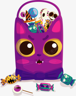紫色额糖果猫咪万圣节糖果袋矢量图高清图片