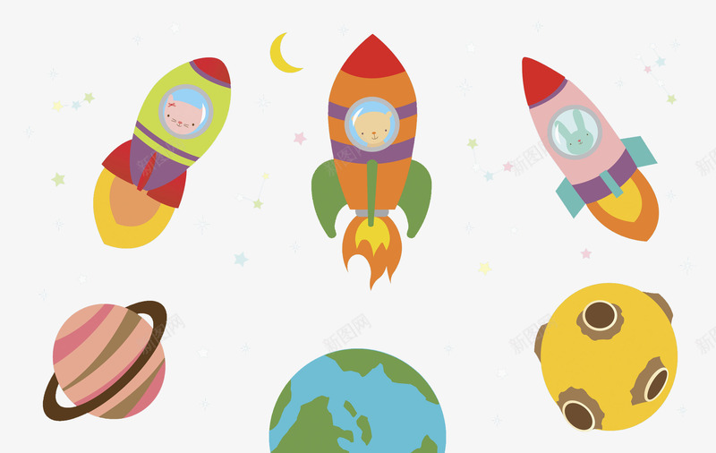火箭飞天png免抠素材_88icon https://88icon.com 五颜六色 卡通 地球 手绘 星星 月亮 月球 火箭