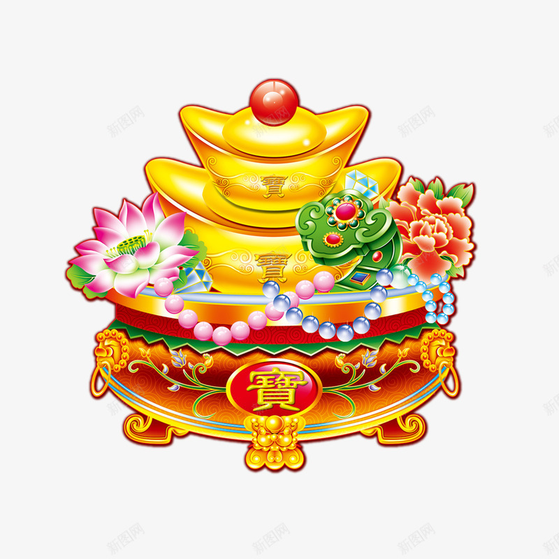 金色中国风节日装饰png免抠素材_88icon https://88icon.com 中国风 国风 宝盆 摆设 海报配景素材 红色 红花 绿色 背景素材 装饰 黄金