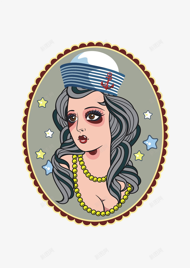 女人头像png免抠素材_88icon https://88icon.com 女人 散落 星星 樱桃小嘴 海军帽 美丽 花边 长发 项链