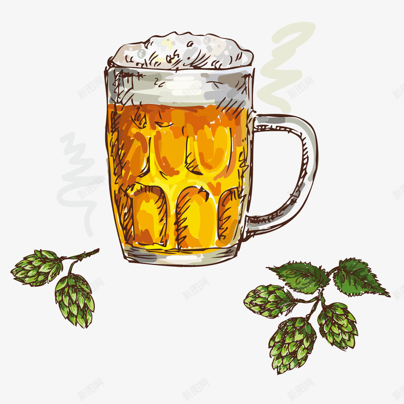 卡通手绘啤酒与绿叶png免抠素材_88icon https://88icon.com 创意 动漫动画 卡通手绘 水彩啤酒 简约 绿叶