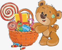 生日礼物小熊堆满篮子的糖果矢量图高清图片