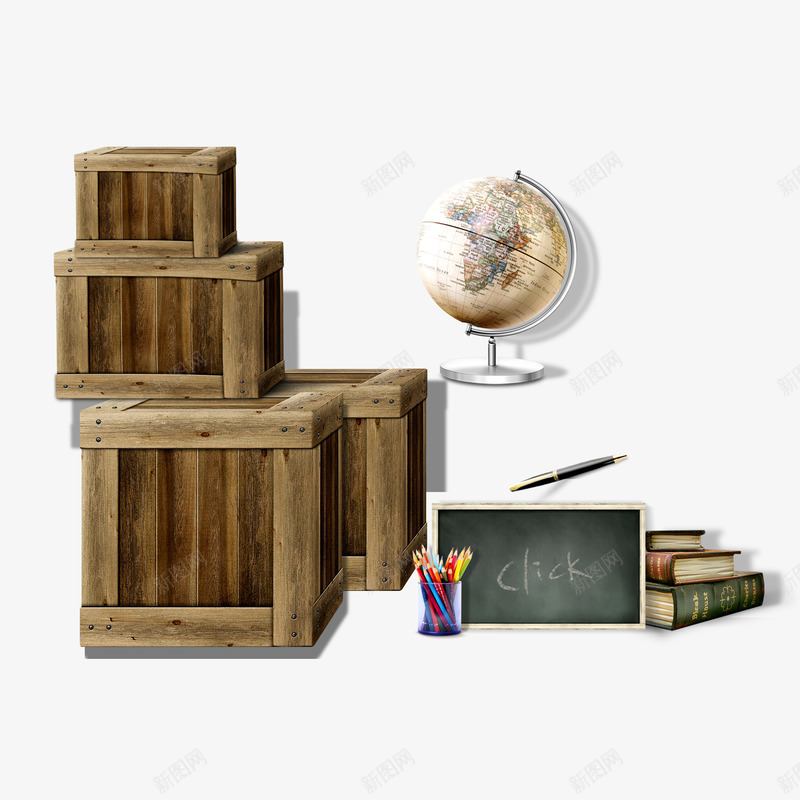 杂物psd免抠素材_88icon https://88icon.com 书 地球仪 木箱子 木纹色方形箱子 钢笔 铅笔筒 黑板
