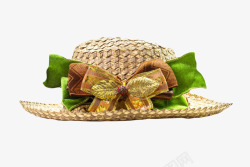 棕色粗料窄边绿色蝴蝶结绑带草帽素材