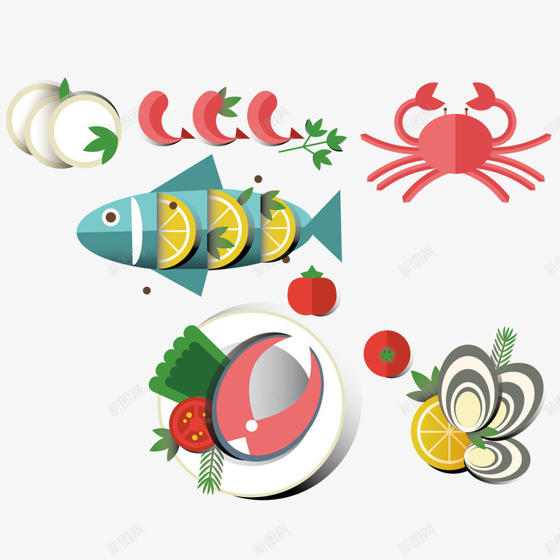 海鲜食品和蔬菜png免抠素材_88icon https://88icon.com 俯视 桌子俯视 海鲜 食物 鱼