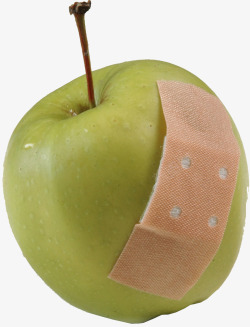 受伤的水果粘着创可贴的青苹果高清图片
