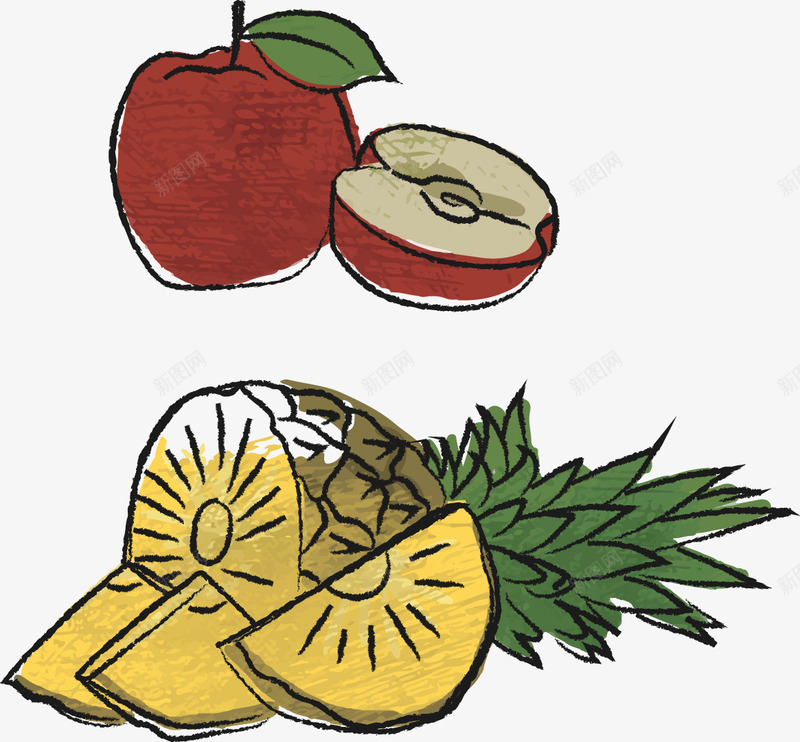 手绘插画苹果和苹果矢量图ai免抠素材_88icon https://88icon.com 切开的水果 手绘 苹果 菠萝 矢量图