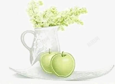 苹果和一瓶小花手绘png免抠素材_88icon https://88icon.com 两个 灰色 绿色 花瓶