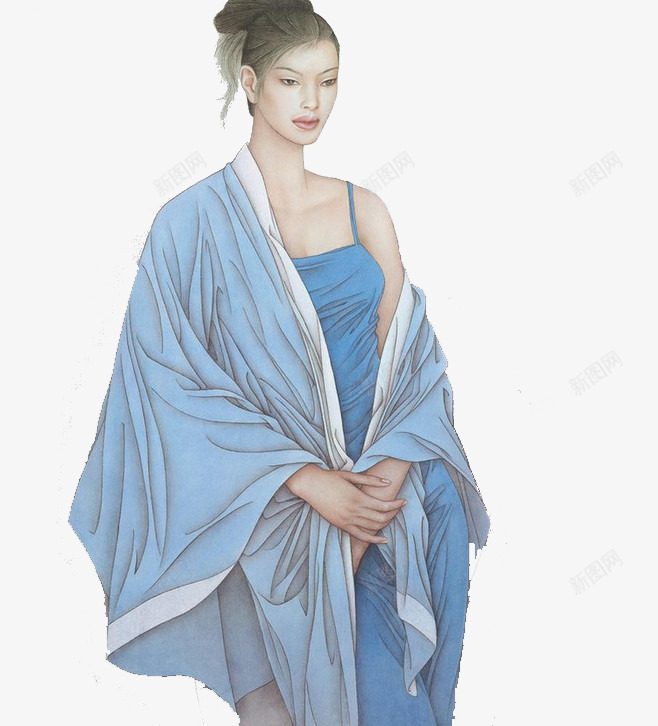 手绘美女png免抠素材_88icon https://88icon.com 中国古代衣服 古代服饰 女性 工笔画 蓝色衣服