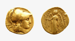 藏族金属铸造金色的古希腊金币实物高清图片