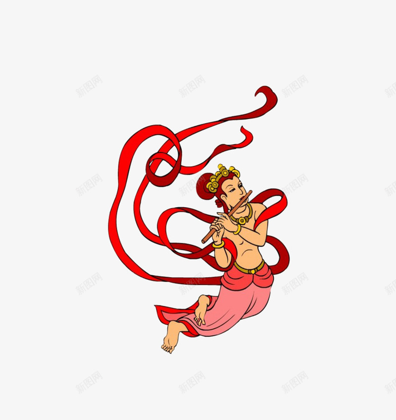 吹笛子的飞天舞女png免抠素材_88icon https://88icon.com 乐器 卡通 笛子 红色 衣服 飘带 飞天舞女 黄色