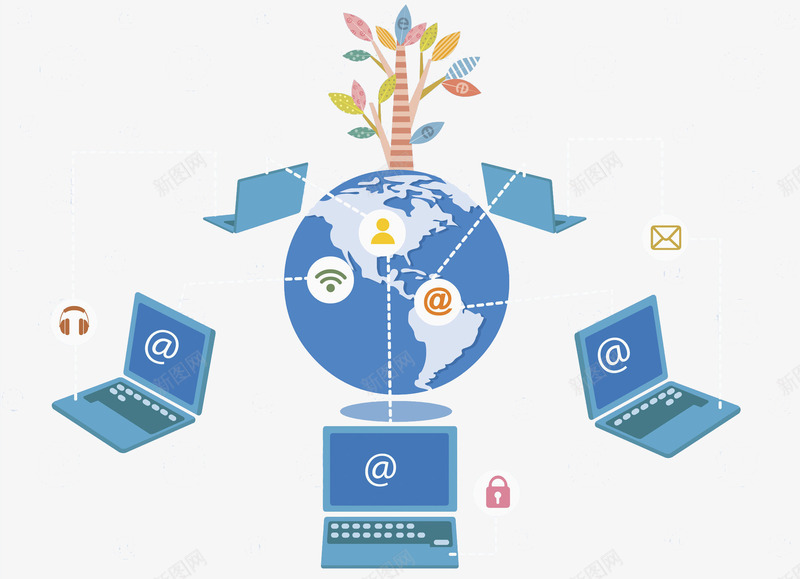 蓝色地球周围的笔记本电脑png免抠素材_88icon https://88icon.com 创意 卡通 商务 地球 手绘 树 电脑 简约 蓝色