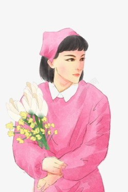 手绘红衣捧花的护士插画素材