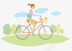 女人骑自行车踏青插画素材