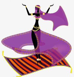 紫色阿拉伯女人在条纹魔法飞毯上素材