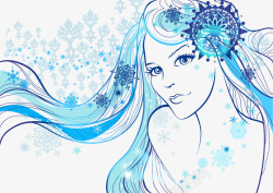 蓝色手绘装饰插图美女头发曲线素材