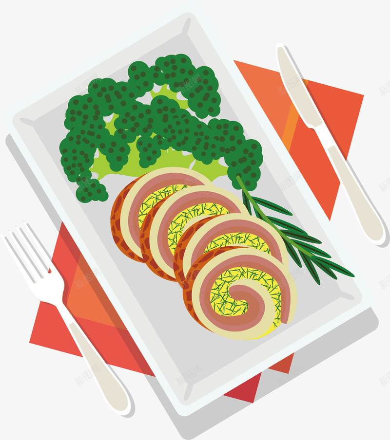 蔬菜沙拉png免抠素材_88icon https://88icon.com 减肥餐 刀叉 手绘 碟子 绿色西蓝花 肉卷 香菜