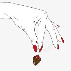 红指甲的手拿着蘸着巧克力的樱桃素材