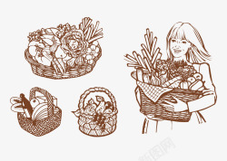 手绘线描蔬菜篮子素材