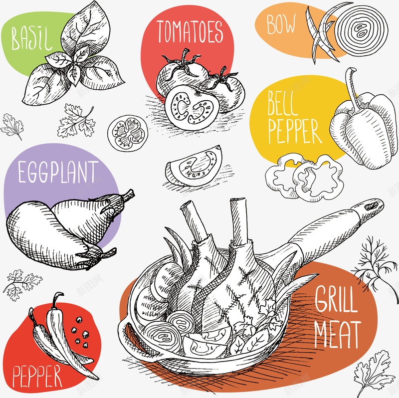 素描午餐png免抠素材_88icon https://88icon.com 手绘 树叶 番茄 素描 肉类 茄子 蔬菜 辣椒