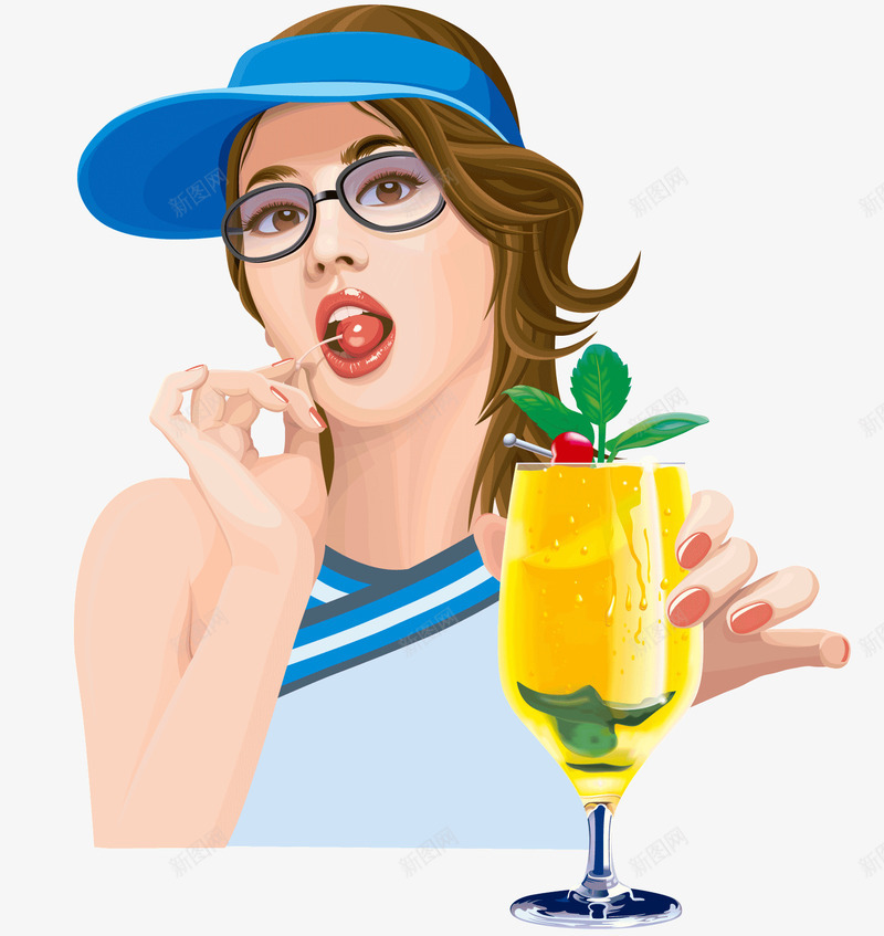 喝冷饮的美女png免抠素材_88icon https://88icon.com 图案 大樱桃 女生 戴眼镜 蓝衣服 运动型 食品 饮料