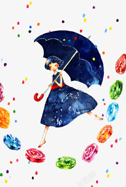 撑伞踩着糖果的女孩素材