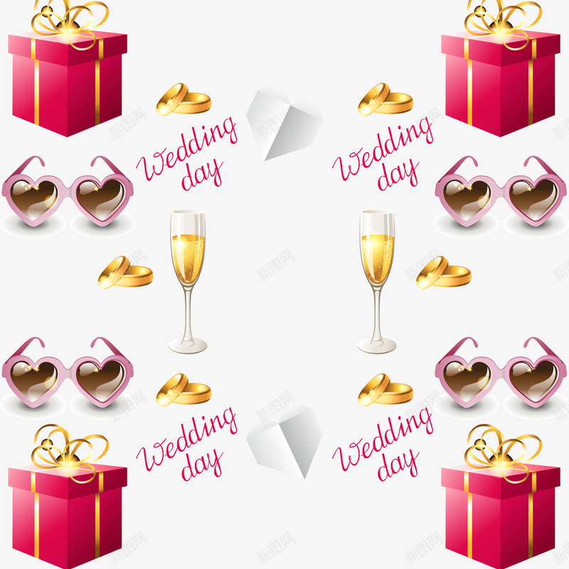 婚礼礼物盒与香槟杯png免抠素材_88icon https://88icon.com 婚礼装饰 礼物 红色礼品盒 香槟杯