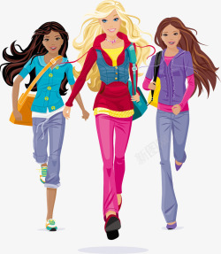漂亮女孩子三个奔跑的少女卡通手绘高清图片