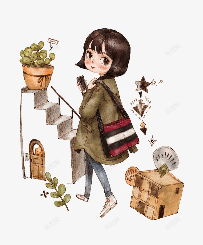 短发小女孩png免抠素材_88icon https://88icon.com 手绘 插画 楼梯 短发女孩 花盆