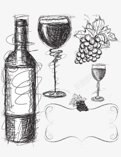 简约铅笔素描葡萄酒红酒插画素材