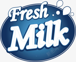 曲边牛奶贴标手绘新鲜牛奶蓝色贴标矢量图高清图片