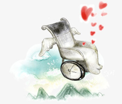 卡通手绘翅膀漂浮心形轮椅素材