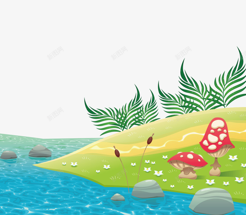 河边草地png免抠素材_88icon https://88icon.com 小河 小花 水草 草地 蘑菇