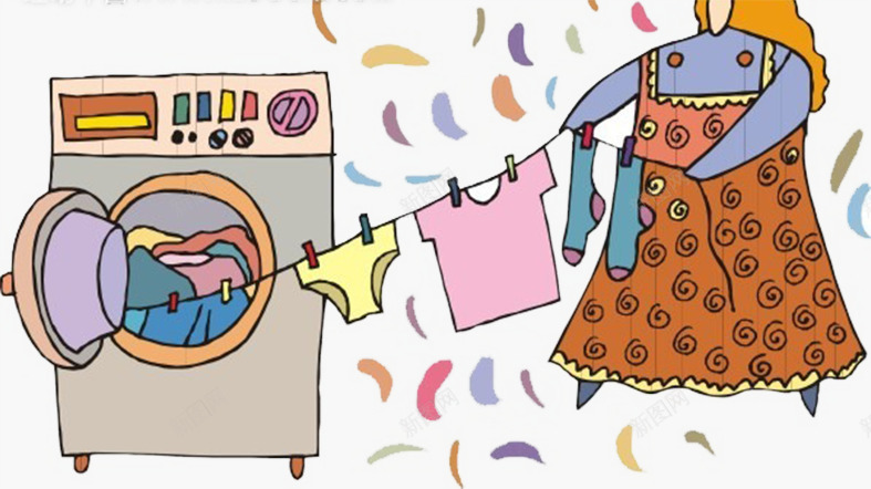 洗衣机晾衣服png免抠素材_88icon https://88icon.com 卡通图 女人 彩色洗衣机 晾衣服