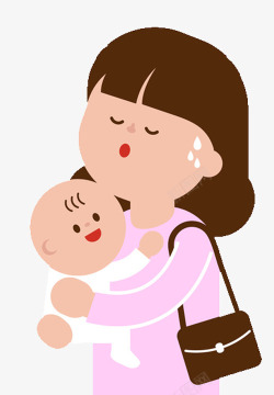妈妈抱宝宝漫画扁平手绘可爱插图母亲节辛苦带宝高清图片